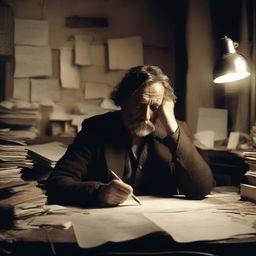 A writer at his desk: A man, haggard and disheveled, sits at a cluttered desk