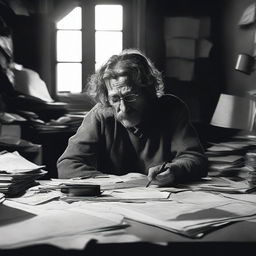 A writer at his desk: A man, haggard and disheveled, sits at a cluttered desk