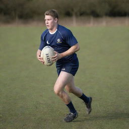 A confident, 17-year old rugby player in action, dribbling down the field with a rugby ball in hand, wearing traditional rugby sportswear.