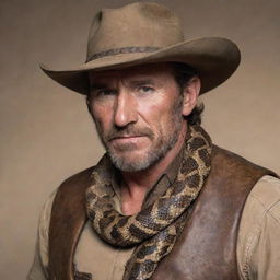 Rattlesnake Jake depicted as a captivating human character, maintaining his characteristic essence with grizzled features, fierce eyes, cowboy attire, while adding elements of humanity such as skin texture instead of scales.