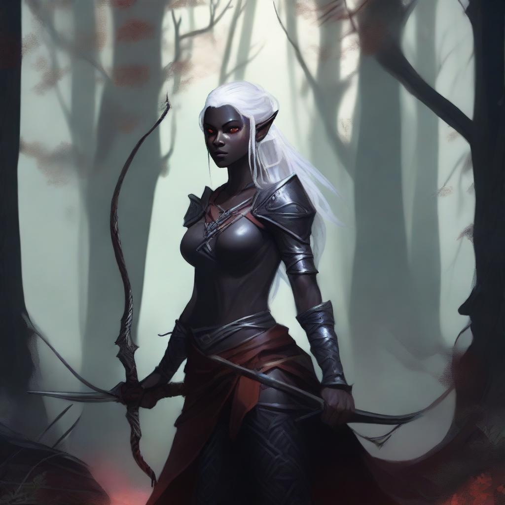 A dark elf archer with obsidian-black skin, red eyes, and white flowing hair