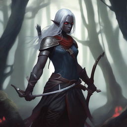 A dark elf archer with obsidian-black skin, red eyes, and white flowing hair