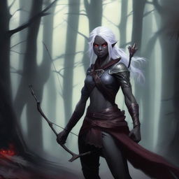 A dark elf archer with obsidian-black skin, red eyes, and white flowing hair