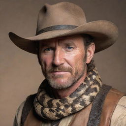 Rattlesnake Jake depicted as a captivating human character, maintaining his characteristic essence with grizzled features, fierce eyes, cowboy attire, while adding elements of humanity such as skin texture instead of scales.