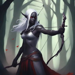 A dark elf archer with obsidian-black skin, red eyes, and white flowing hair