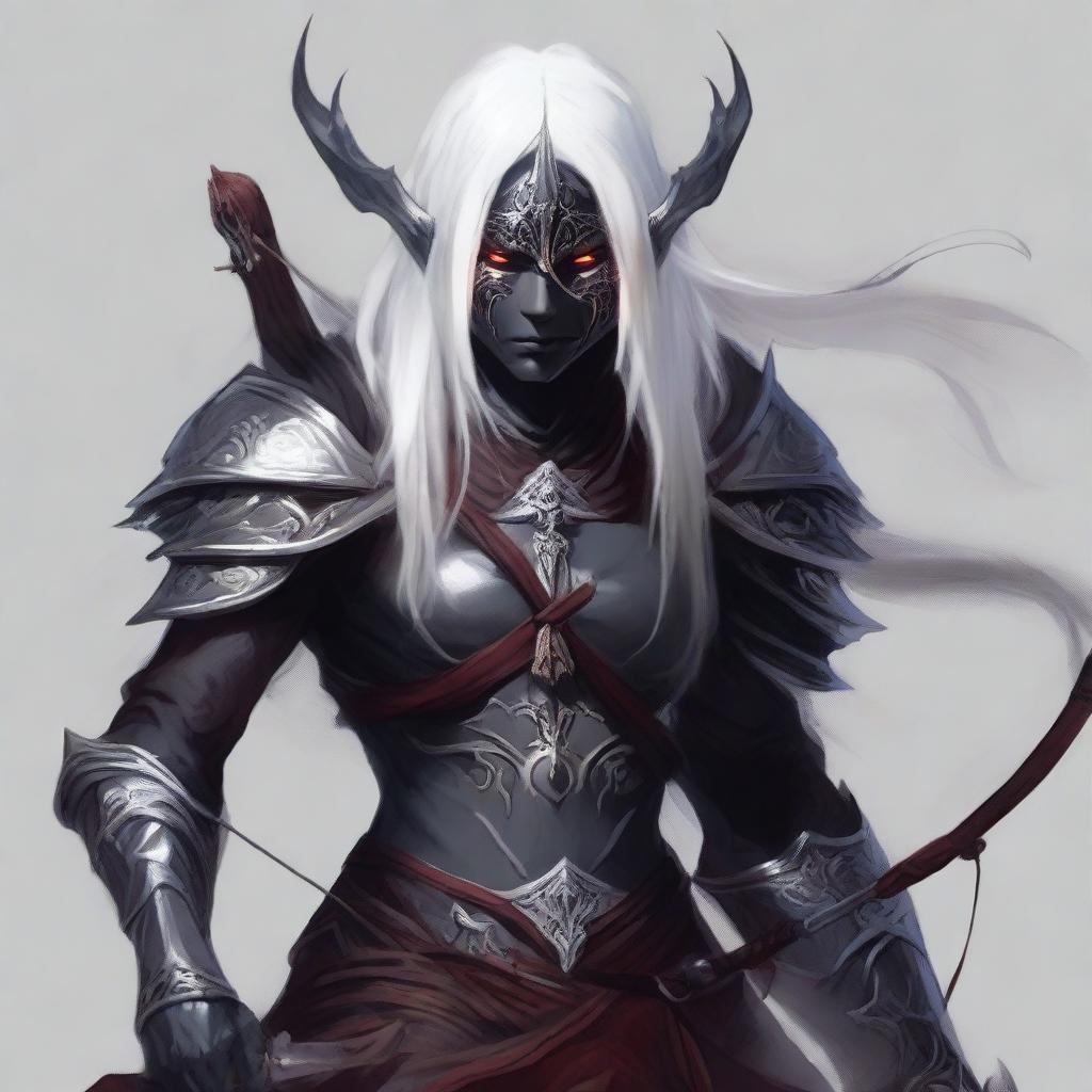 An intimidating dark elf archer clad in intricate armor, with a helmet obscuring part of their face