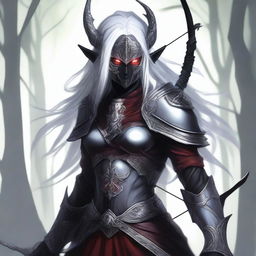 An intimidating dark elf archer clad in intricate armor, with a helmet obscuring part of their face