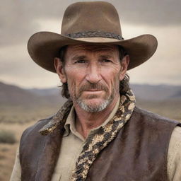 Rattlesnake Jake depicted as a captivating human character, maintaining his characteristic essence with grizzled features, fierce eyes, cowboy attire, while adding elements of humanity such as skin texture instead of scales.