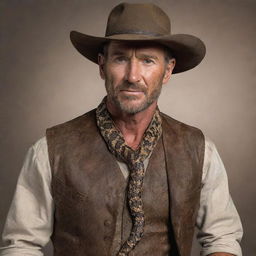 Rattlesnake Jake depicted as a captivating human character, maintaining his characteristic essence with grizzled features, fierce eyes, cowboy attire, while adding elements of humanity such as skin texture instead of scales.