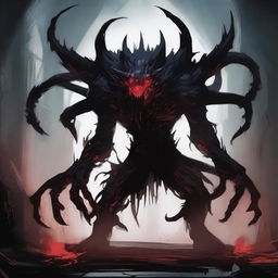 A powerful multi-armed monster made of shadows with glowing red eyes, emerging from the darkness