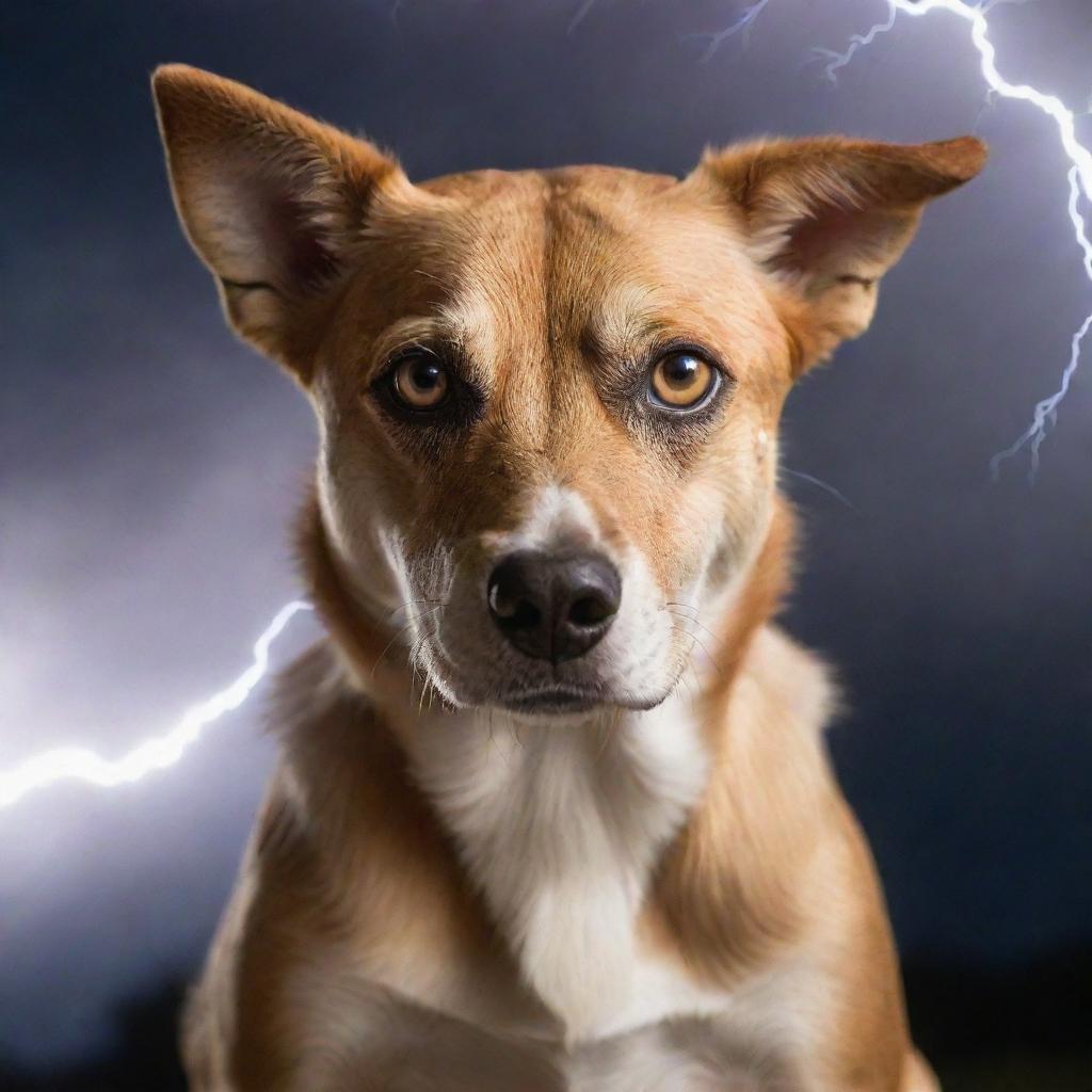 A courageous dog with intense lightning-filled eyes, exhibiting its superpowers such as flight, super strength and speed