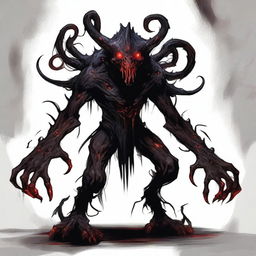 A powerful multi-armed monster made of shadows with glowing red eyes, emerging from the darkness