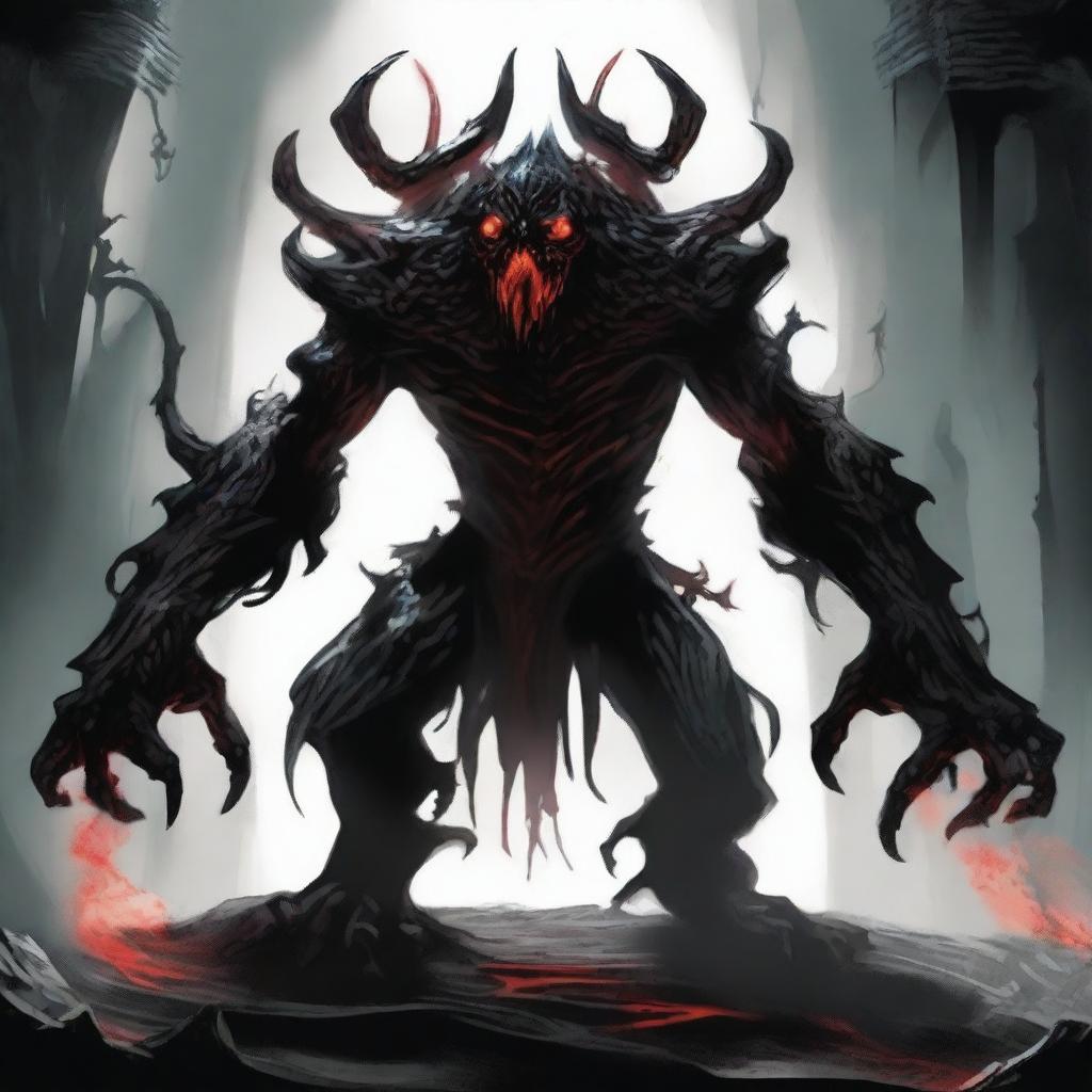 A powerful multi-armed monster made of shadows with glowing red eyes, emerging from the darkness