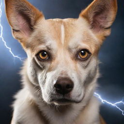 A courageous dog with intense lightning-filled eyes, exhibiting its superpowers such as flight, super strength and speed