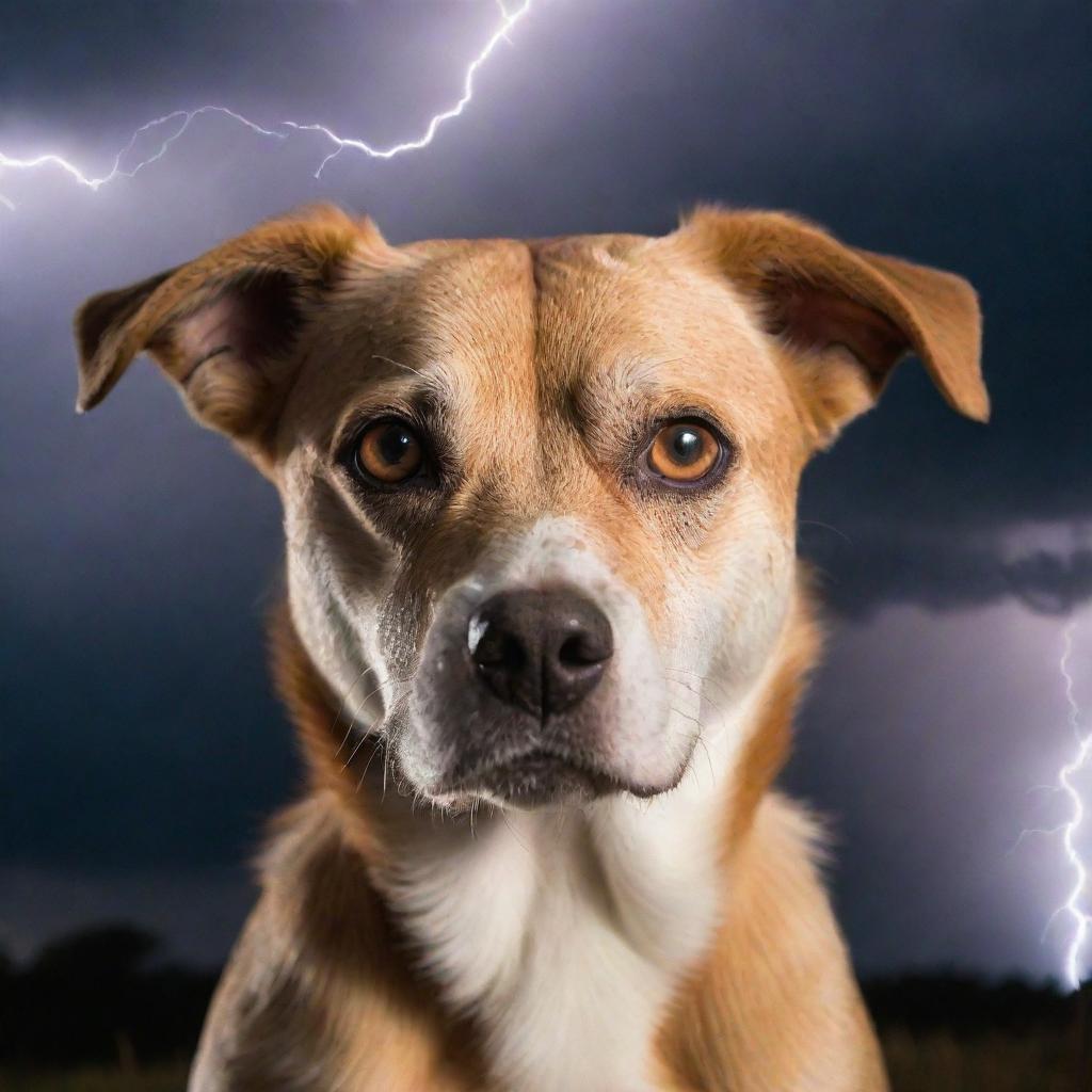 A courageous dog with intense lightning-filled eyes, exhibiting its superpowers such as flight, super strength and speed