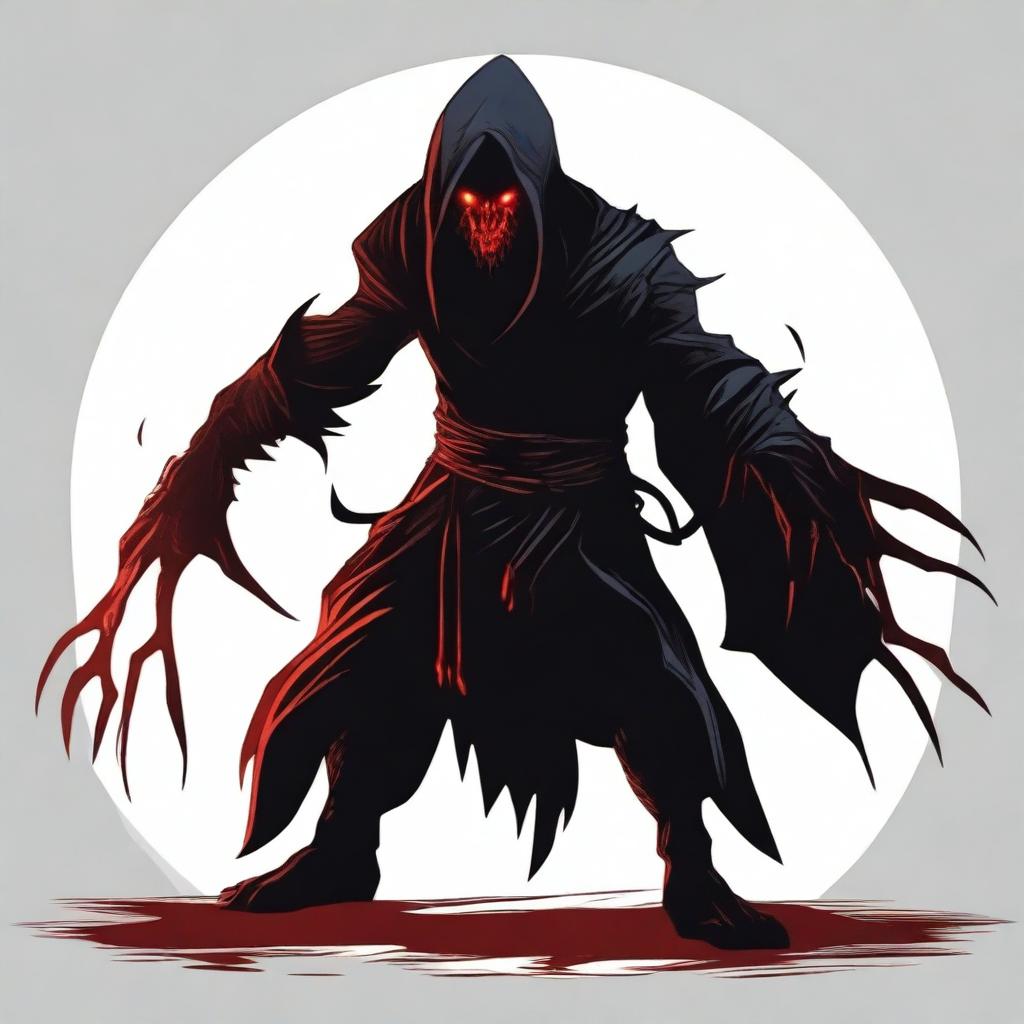 A shadow monster assassin lurking in the darkness, with glowing red eyes and sharp claws, ready to strike