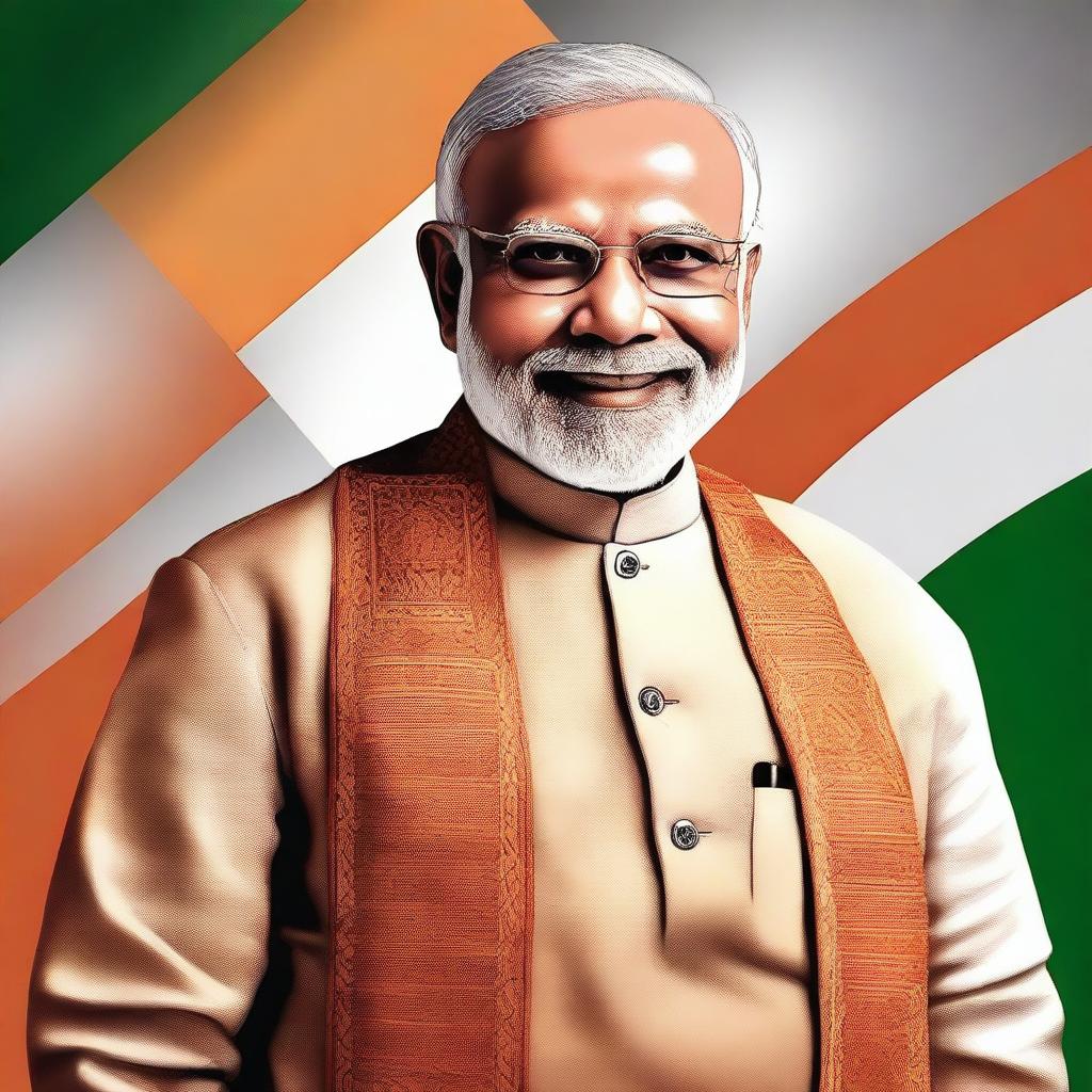 A detailed portrait of Narendra Modi, the Prime Minister of India, wearing traditional Indian attire and smiling warmly