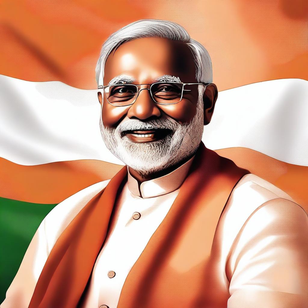 A detailed portrait of Narendra Modi, the Prime Minister of India, wearing traditional Indian attire and smiling warmly