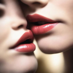 A close-up image of two lips gently touching in a kiss, with soft lighting and a romantic atmosphere