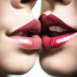 A close-up image of two lips gently touching in a kiss, with soft lighting and a romantic atmosphere