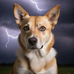 A courageous dog with intense lightning-filled eyes, exhibiting its superpowers such as flight, super strength and speed