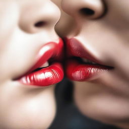 A close-up image of two lips gently touching in a kiss, with soft lighting and a romantic atmosphere