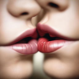 A close-up image of two lips gently touching in a kiss, with soft lighting and a romantic atmosphere