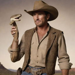 Imaginative portrayal of Rattlesnake Jake, converted mostly into human form yet preserving some of his snake features such as snake eye and possibly a tail protruding discreetly from his western cowboy clothing.