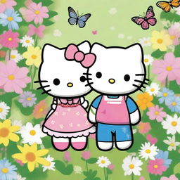 A cute and colorful wallpaper featuring Hello Kitty and her partner