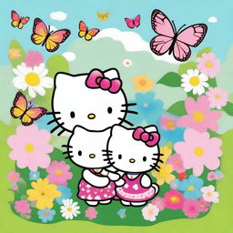 A cute and colorful wallpaper featuring Hello Kitty and her partner