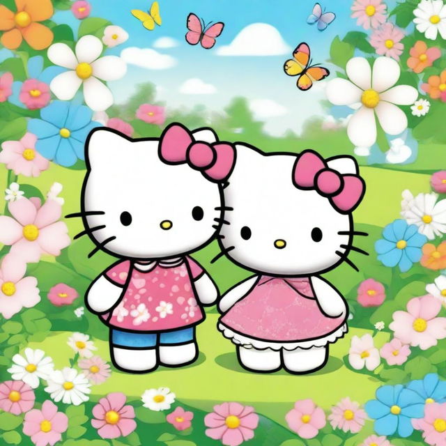 A cute and colorful wallpaper featuring Hello Kitty and her partner