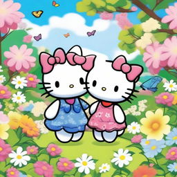 A cute and colorful wallpaper featuring Hello Kitty and her partner