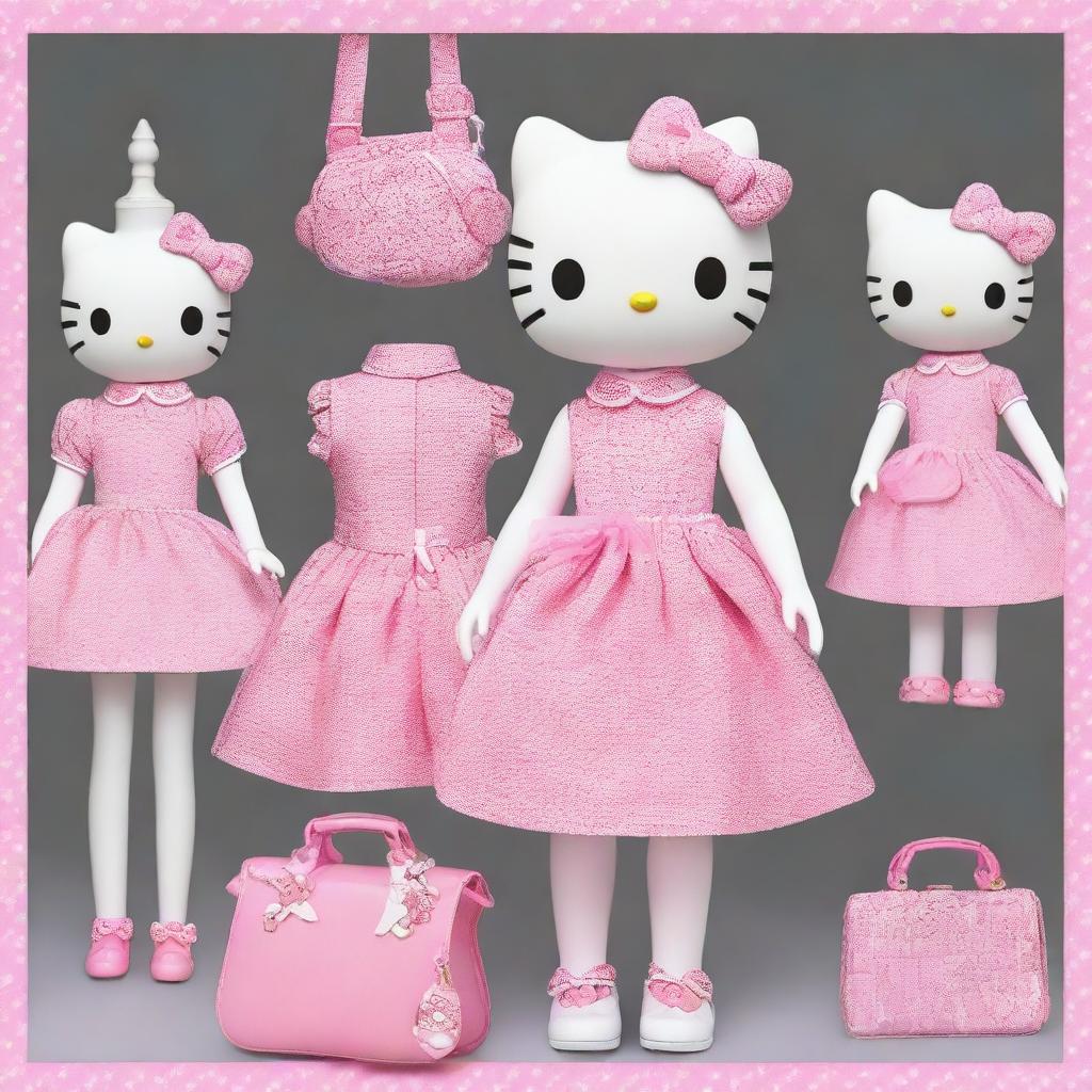 A complete Hello Kitty outfit including a cute dress, matching shoes, and accessories like a bow and handbag