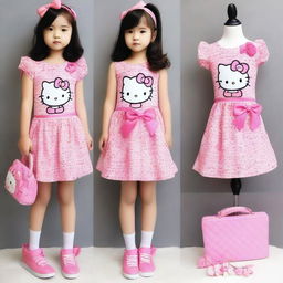 A complete Hello Kitty outfit including a cute dress, matching shoes, and accessories like a bow and handbag