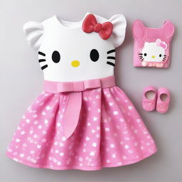 A complete Hello Kitty outfit including a cute dress, matching shoes, and accessories like a bow and handbag