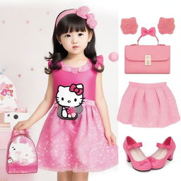 A complete Hello Kitty outfit including a cute dress, matching shoes, and accessories like a bow and handbag