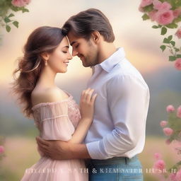 A romantic book cover featuring a couple in a loving embrace, set against a dreamy, picturesque backdrop