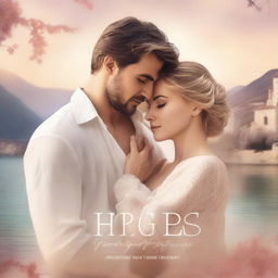 A romantic book cover featuring a couple in a loving embrace, set against a dreamy, picturesque backdrop