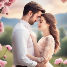 A romantic book cover featuring a couple in a loving embrace, set against a dreamy, picturesque backdrop