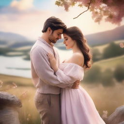 A romantic book cover featuring a couple in a loving embrace, set against a dreamy, picturesque backdrop