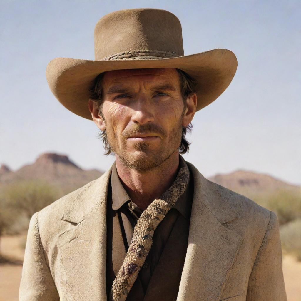 An evocative imagery of Rattlesnake Jake from the movie Rango, presented as predominantly human with a nod to his original form: captivating human-like features, cowboy attire, intertwined with subtle snake-like details such as slitted eyes or a hint of scales.