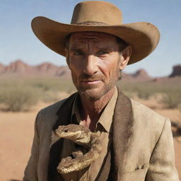 An evocative imagery of Rattlesnake Jake from the movie Rango, presented as predominantly human with a nod to his original form: captivating human-like features, cowboy attire, intertwined with subtle snake-like details such as slitted eyes or a hint of scales.