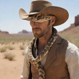 An evocative imagery of Rattlesnake Jake from the movie Rango, presented as predominantly human with a nod to his original form: captivating human-like features, cowboy attire, intertwined with subtle snake-like details such as slitted eyes or a hint of scales.