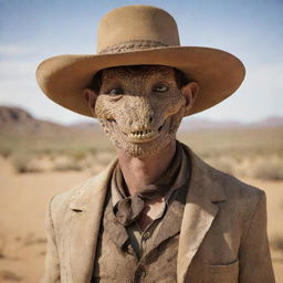 An evocative imagery of Rattlesnake Jake from the movie Rango, presented as predominantly human with a nod to his original form: captivating human-like features, cowboy attire, intertwined with subtle snake-like details such as slitted eyes or a hint of scales.