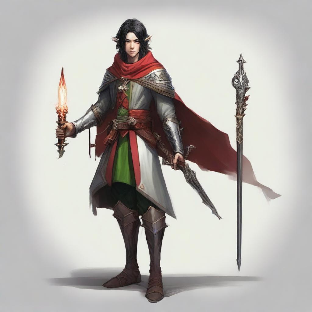 An elf with black hair, red eyes, and light armor