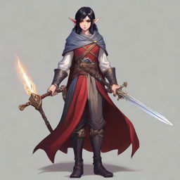 An elf with black hair, red eyes, and light armor