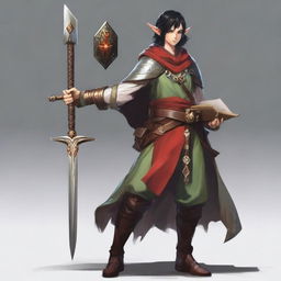 An elf with black hair, red eyes, and light armor