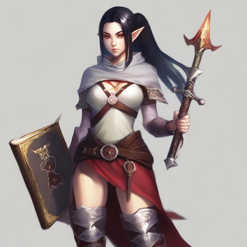 An adult elf with an angry face, long black hair tied in a ponytail, and red eyes