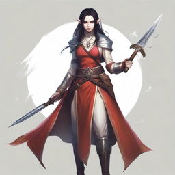 An adult elf with an angry face, long black hair tied in a ponytail, and red eyes