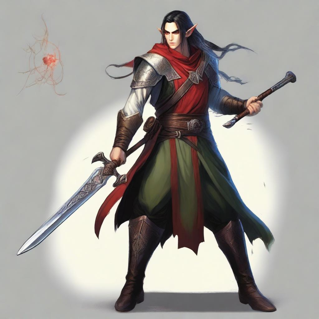 An adult male elf with an angry face, long black hair tied in a ponytail, and red eyes